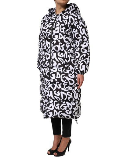 Dolce & Gabbana Black White DG Mania Hooded Long Coat Jacket by Dolce & Gabbana
