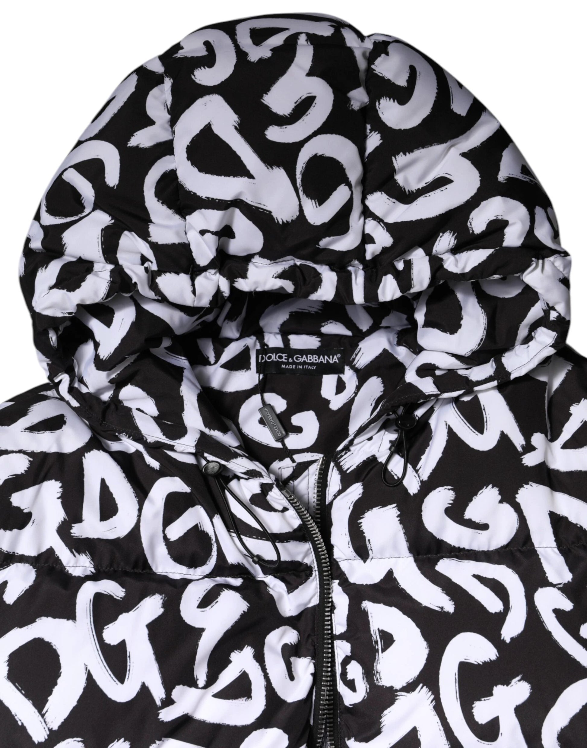 Dolce & Gabbana Black White DG Mania Hooded Long Coat Jacket by Dolce & Gabbana