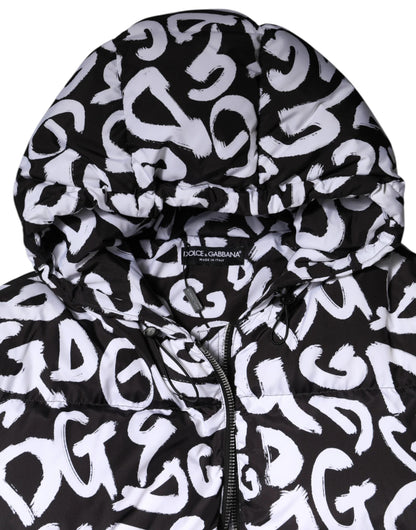 Dolce & Gabbana Black White DG Mania Hooded Long Coat Jacket by Dolce & Gabbana