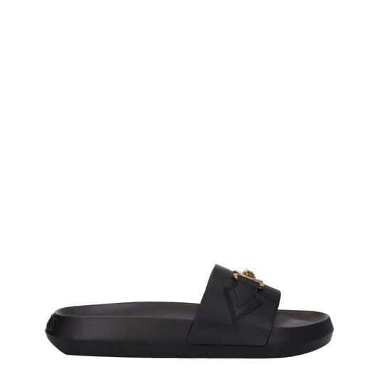 Versace – Mules Claquettes Cuir Noir Logo Doré Bout Ouvert | Homme