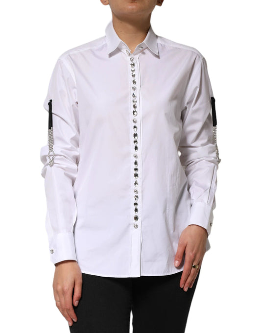 Dolce & Gabbana White Crystal Embellished Collared Shirt Top by Dolce & Gabbana