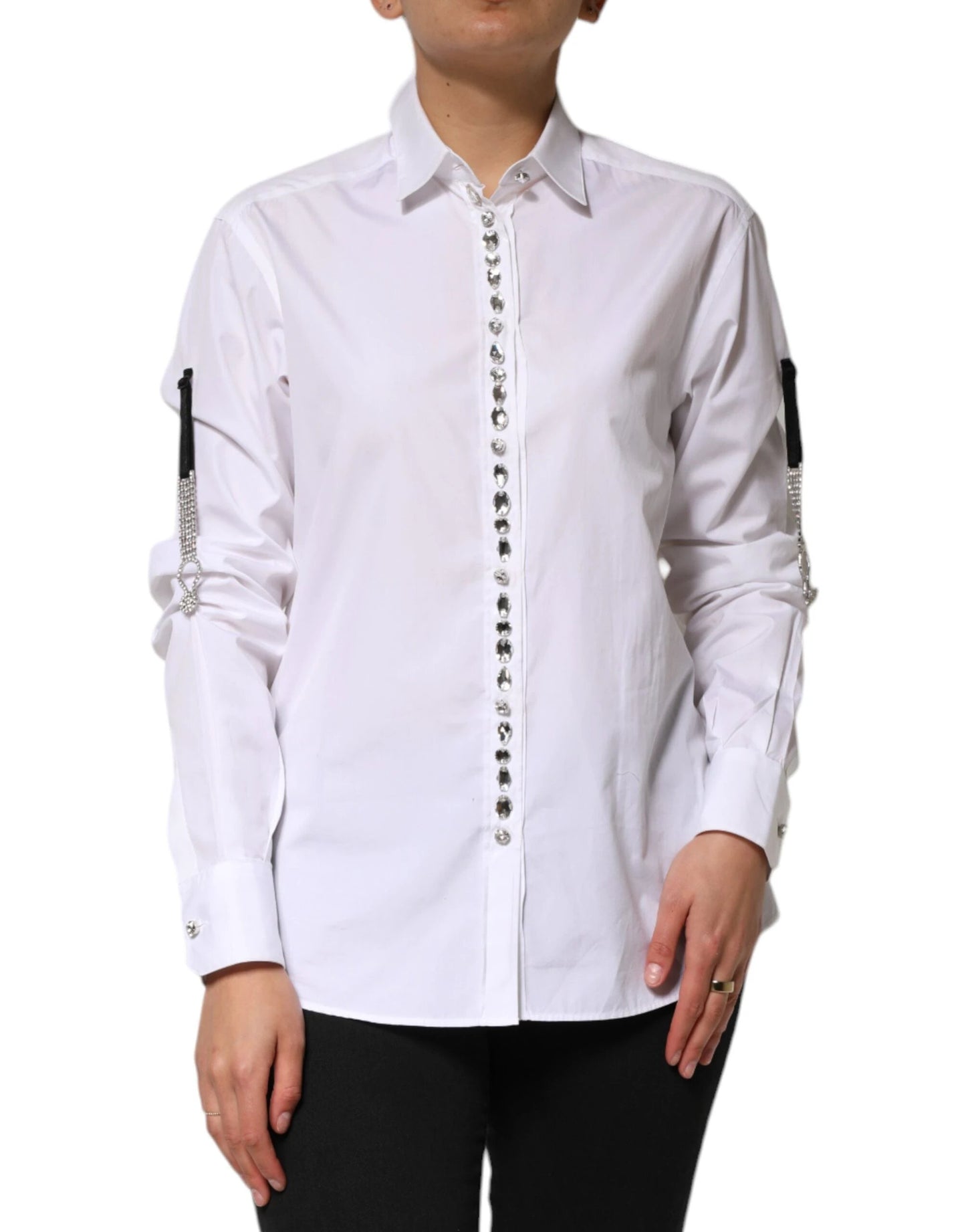 Dolce & Gabbana White Crystal Embellished Collared Shirt Top by Dolce & Gabbana