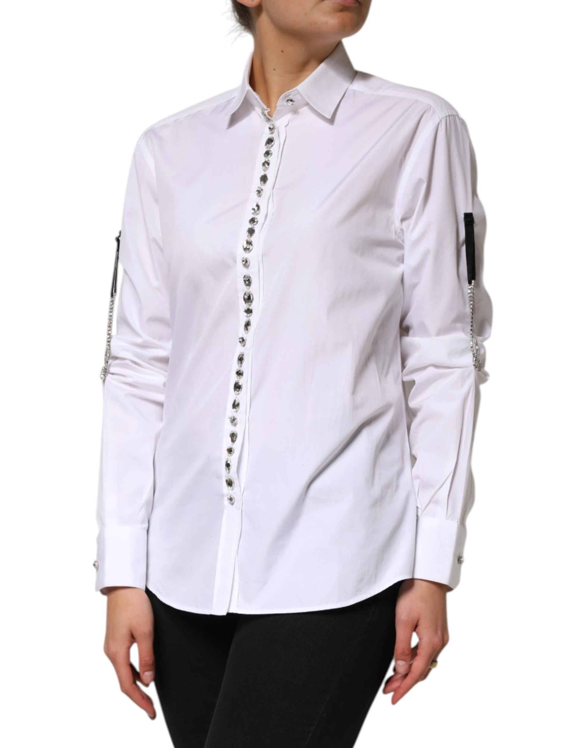 Dolce & Gabbana White Crystal Embellished Collared Shirt Top by Dolce & Gabbana