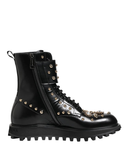 Dolce & Gabbana Black Studded Lace Up Mid Calf Boots Shoes by Dolce & Gabbana