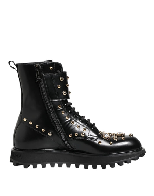 Dolce & Gabbana Black Studded Lace Up Mid Calf Boots Shoes by Dolce & Gabbana