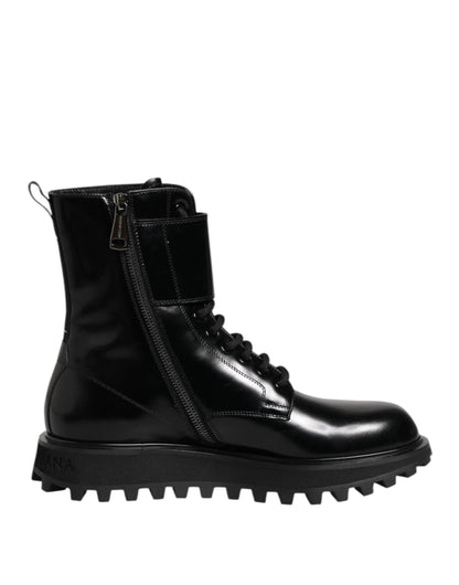 Dolce & Gabbana Black Leather Lace Up Mid Calf Boots Shoes by Dolce & Gabbana
