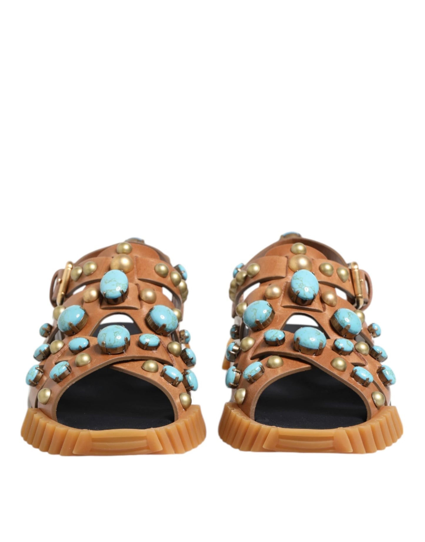 Dolce & Gabbana Brown Leather Studded Slides Sandals Shoes by Dolce & Gabbana