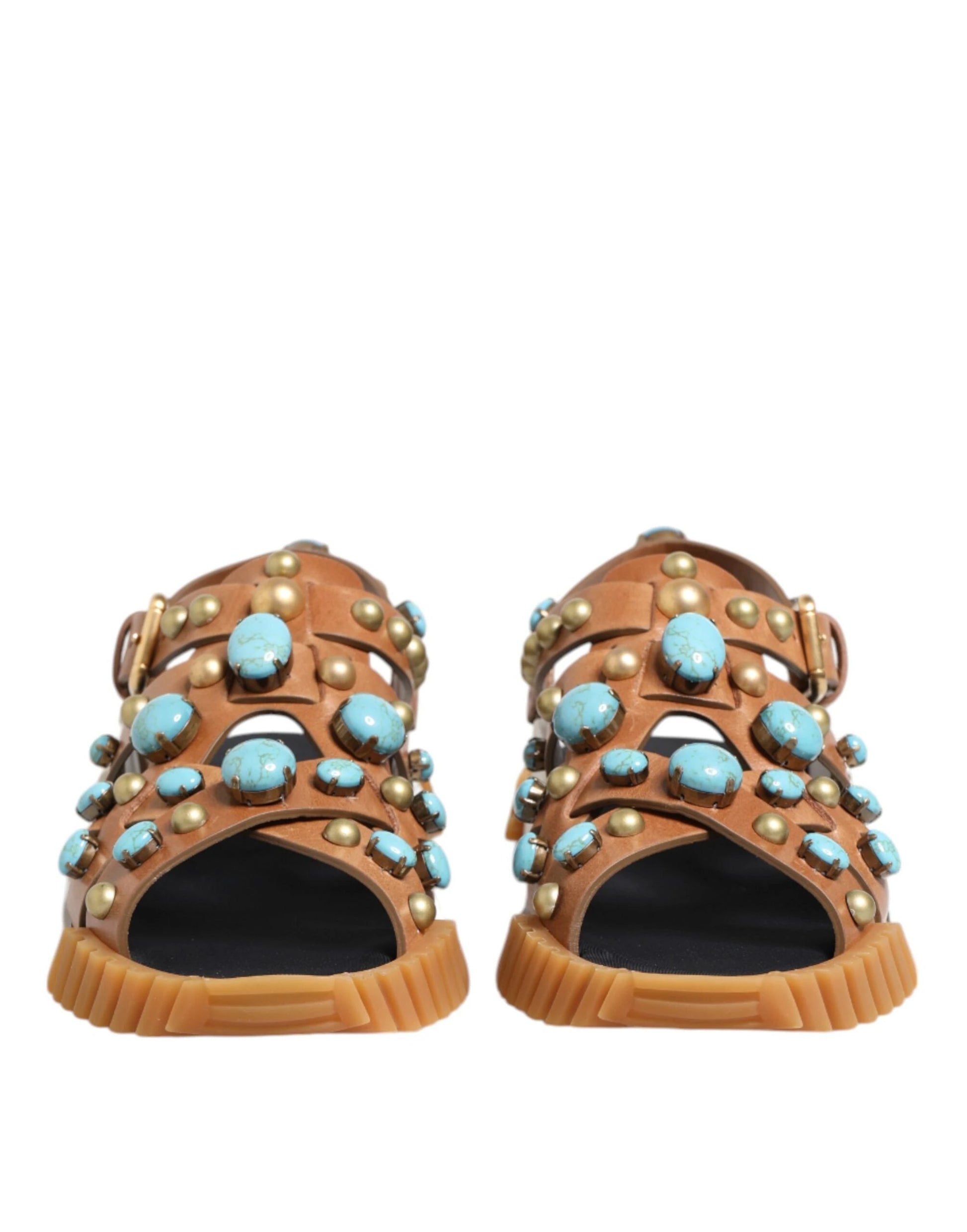 Dolce & Gabbana Brown Leather Studded Slides Sandals Shoes by Dolce & Gabbana