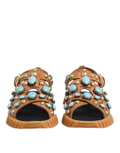 Dolce & Gabbana Brown Leather Studded Slides Sandals Shoes by Dolce & Gabbana