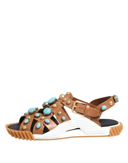 Dolce & Gabbana Brown Leather Studded Slides Sandals Shoes by Dolce & Gabbana