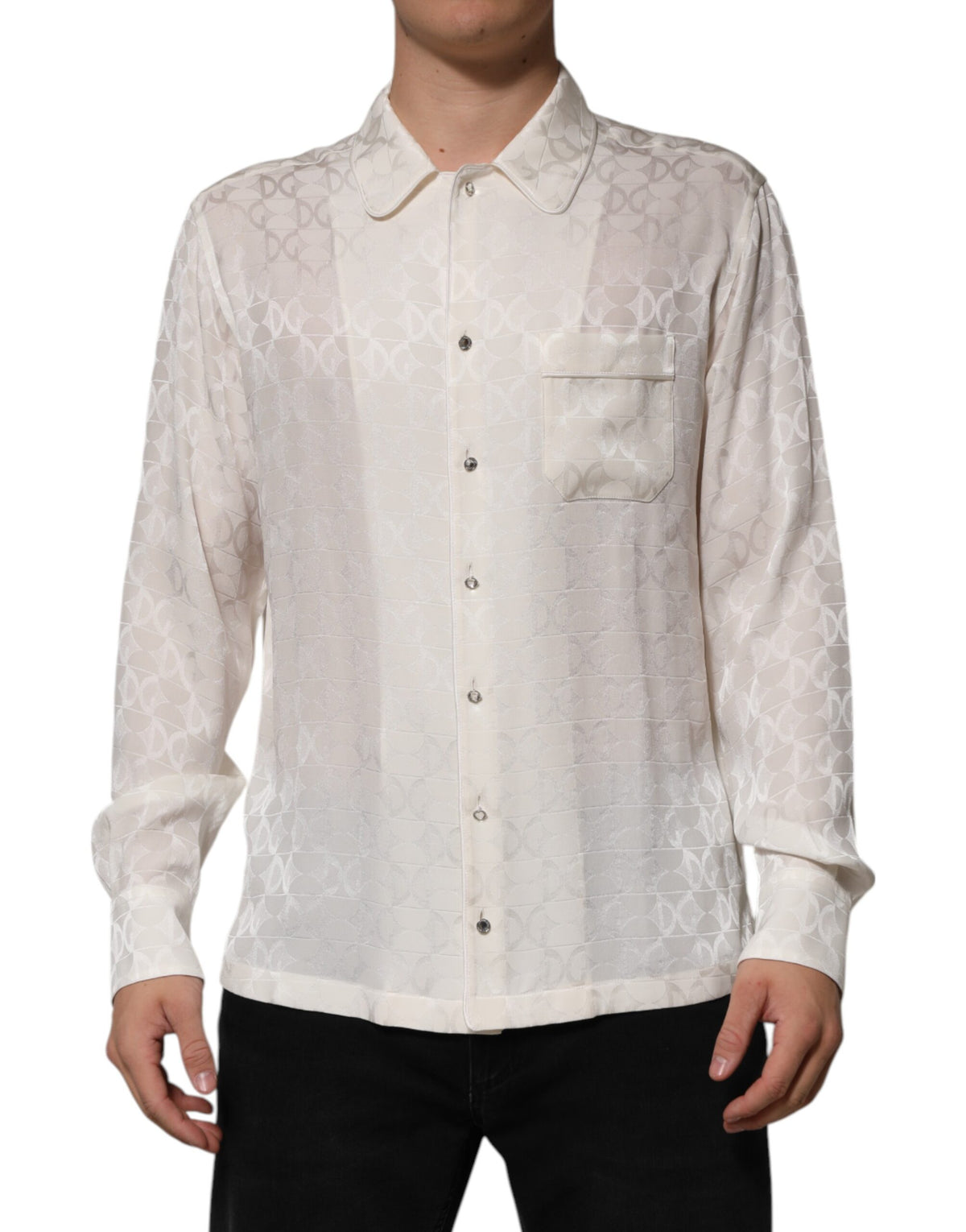 Chemise Dolce & Gabbana à manches longues imprimé logo DG en soie blanc – TSH90639