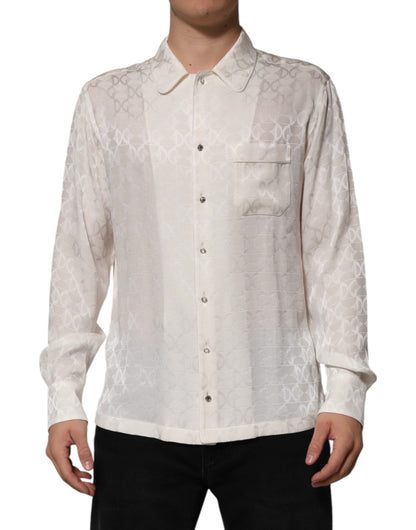 Chemise Dolce & Gabbana à manches longues imprimé logo DG en soie blanc – TSH90639