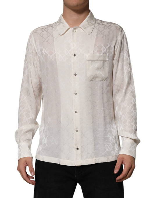 Chemise Dolce & Gabbana à manches longues imprimé logo DG en soie blanc – TSH90639