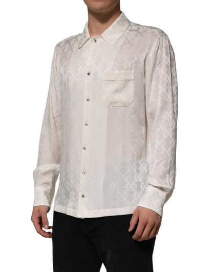 Chemise Dolce & Gabbana à manches longues imprimé logo DG en soie blanc – TSH90639