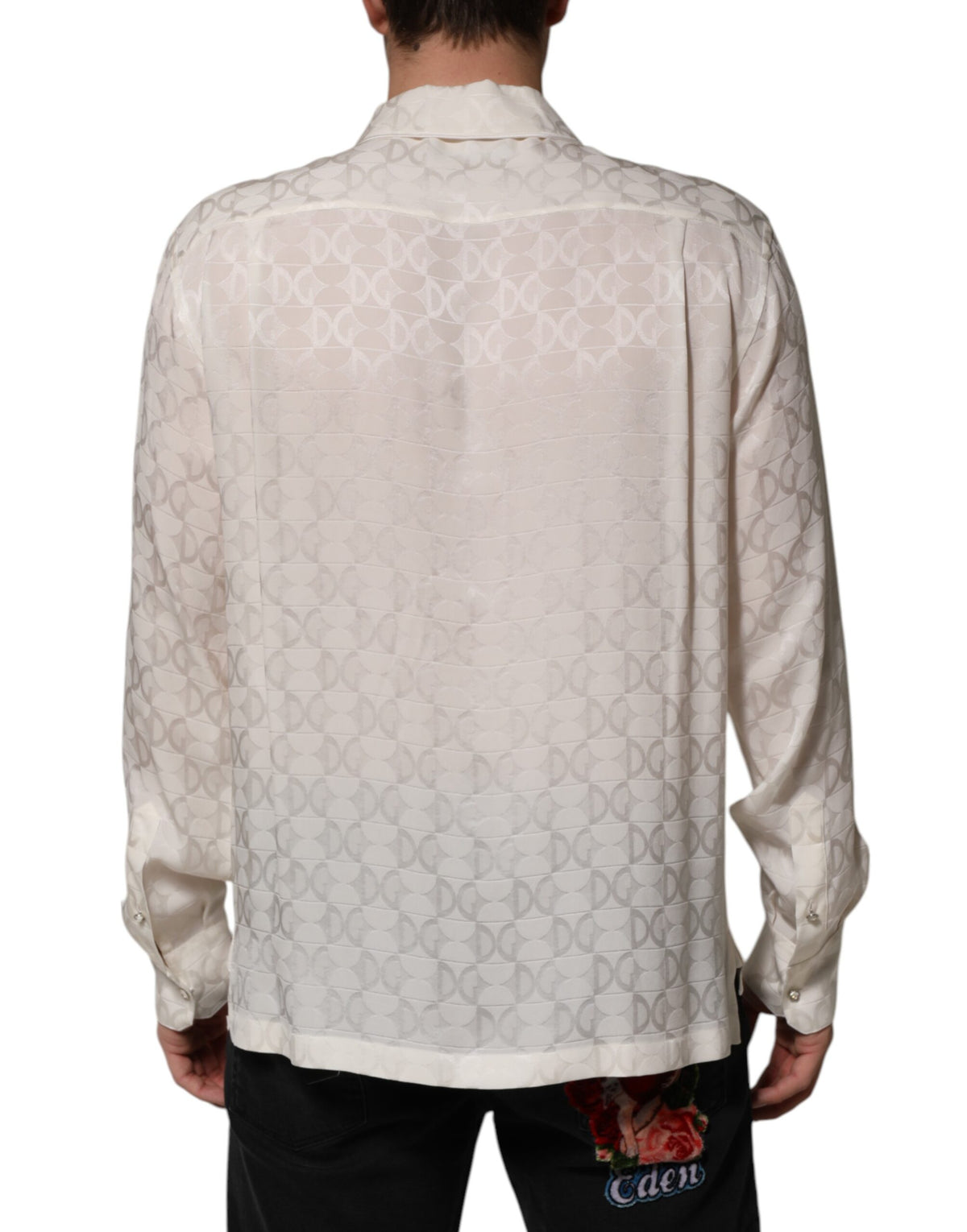 Chemise Dolce & Gabbana à manches longues imprimé logo DG en soie blanc – TSH90639