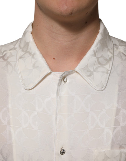 Chemise Dolce & Gabbana à manches longues imprimé logo DG en soie blanc – TSH90639