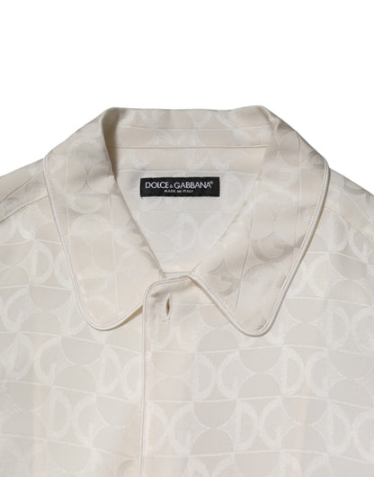 Chemise Dolce & Gabbana à manches longues imprimé logo DG en soie blanc – TSH90639