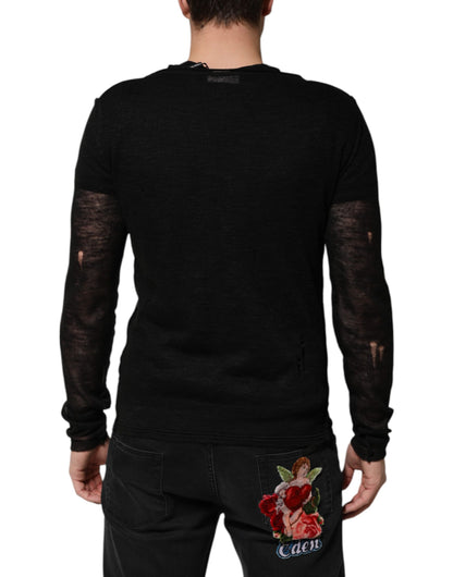 Dolce & Gabbana Black Linen Mesh Tattered Longsleeves T-shirt