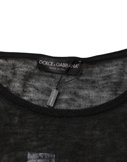 Dolce & Gabbana Black Linen Mesh Tattered Longsleeves T-shirt