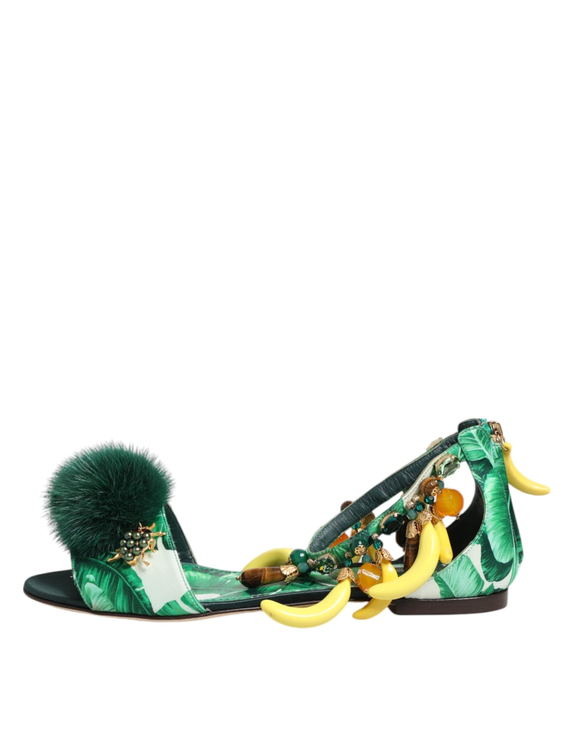 Dolce & Gabbana Green Mink Fur Satin Banana Leaf Sandals Shoes by Dolce & Gabbana