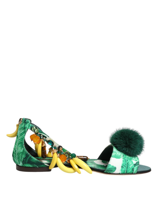 Sandales à talon Dolce & Gabbana en satin vert imprimé feuilles de bananier et fourrure de vison – LA12817