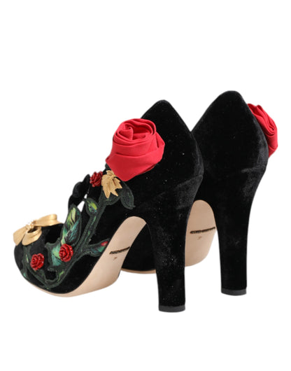 Dolce & Gabbana Black Roses Crystal Brooch Mary Jane Shoes