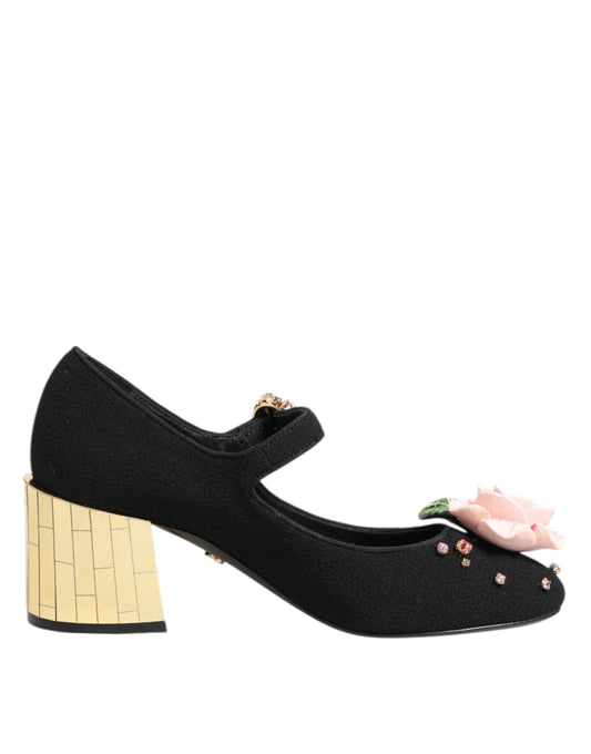Dolce & Gabbana Black Flower Crystal Embellished Mary Jane Shoes by Dolce & Gabbana