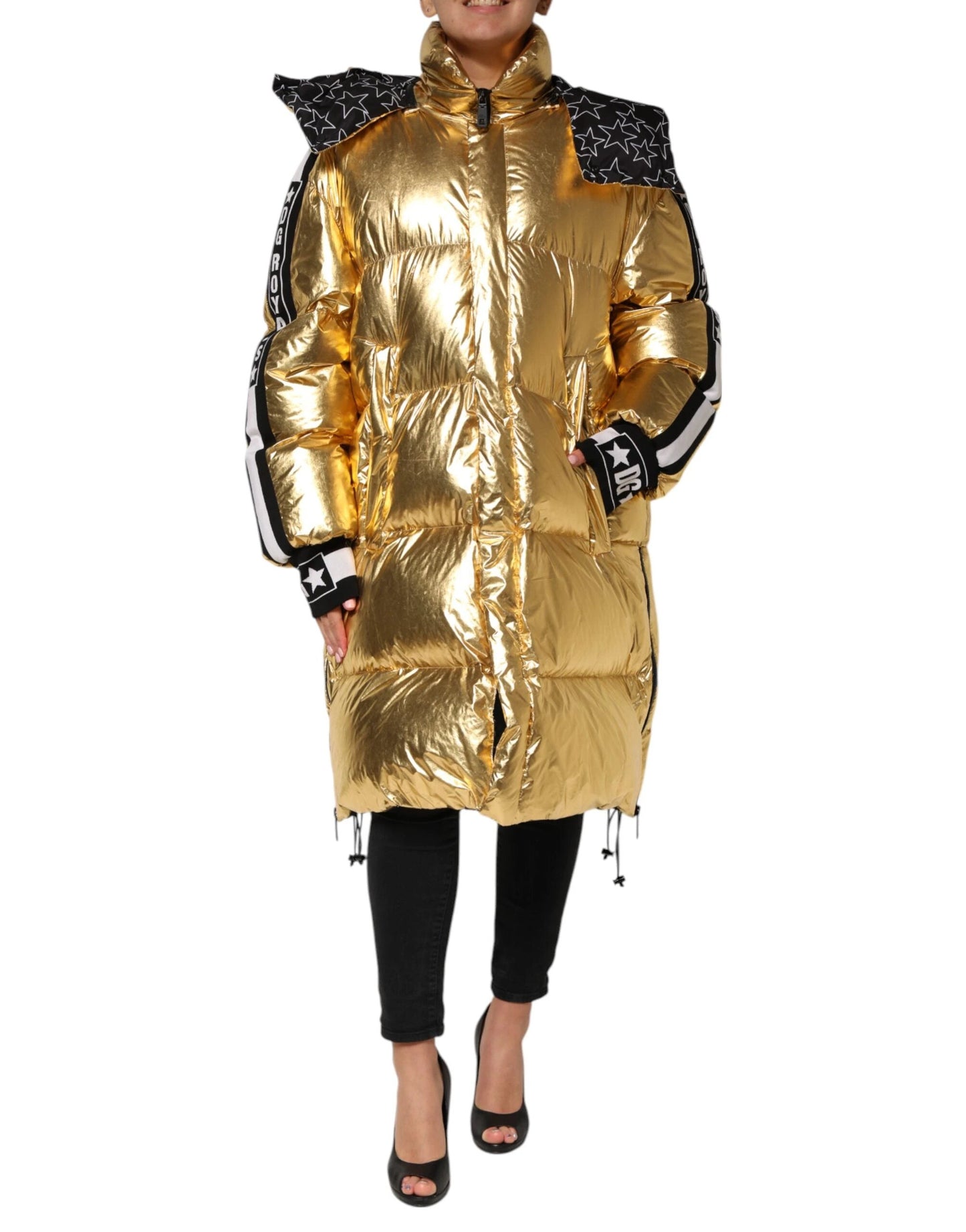 Dolce & Gabbana Gold Hooded Puffer Quilted Full Zip Jacket by Dolce & Gabbana