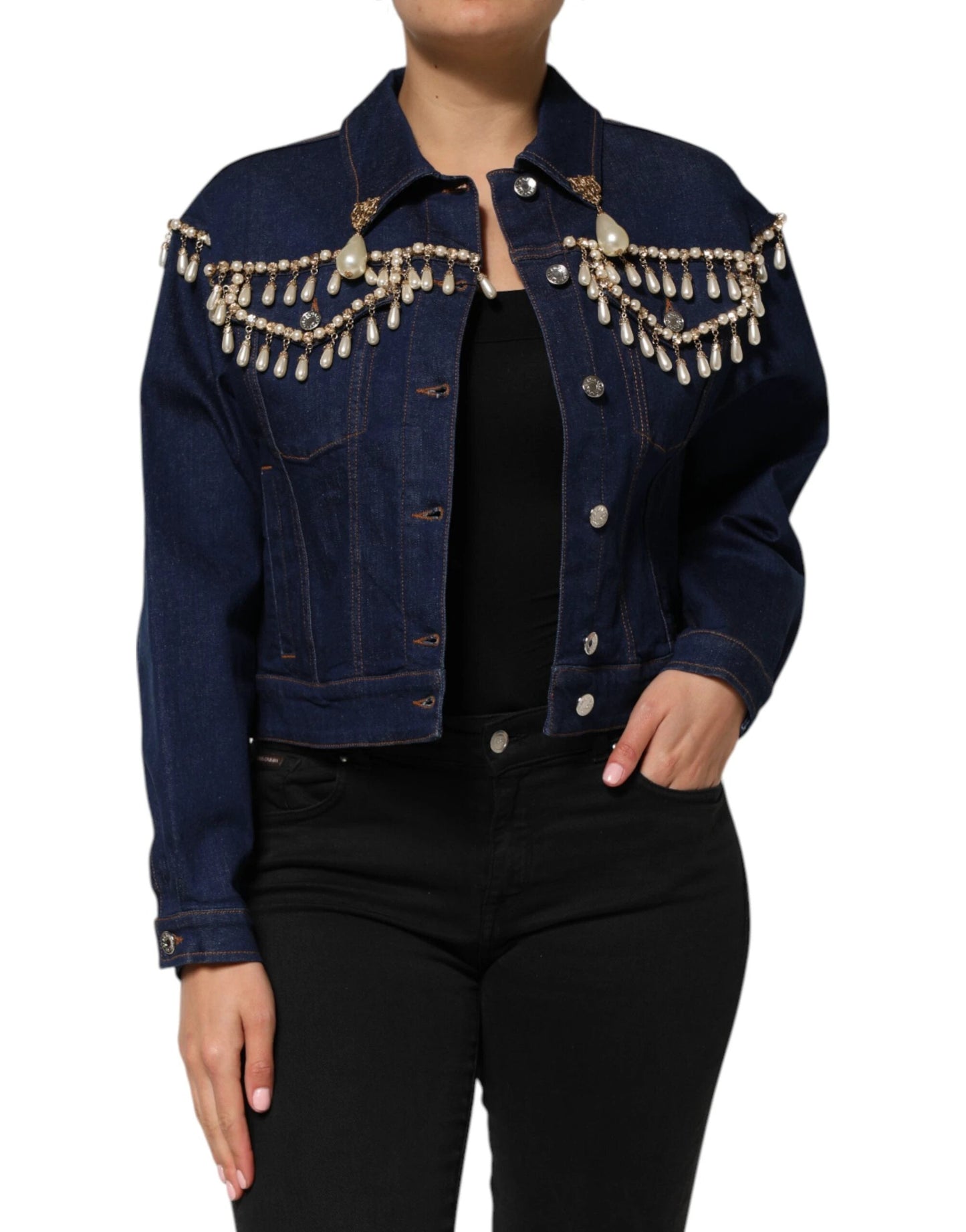 Dolce & Gabbana Blue Cotton Denim Crystal Embellished Jacket by Dolce & Gabbana