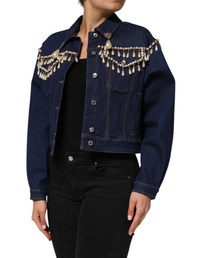 Dolce & Gabbana Blue Cotton Denim Crystal Embellished Jacket by Dolce & Gabbana