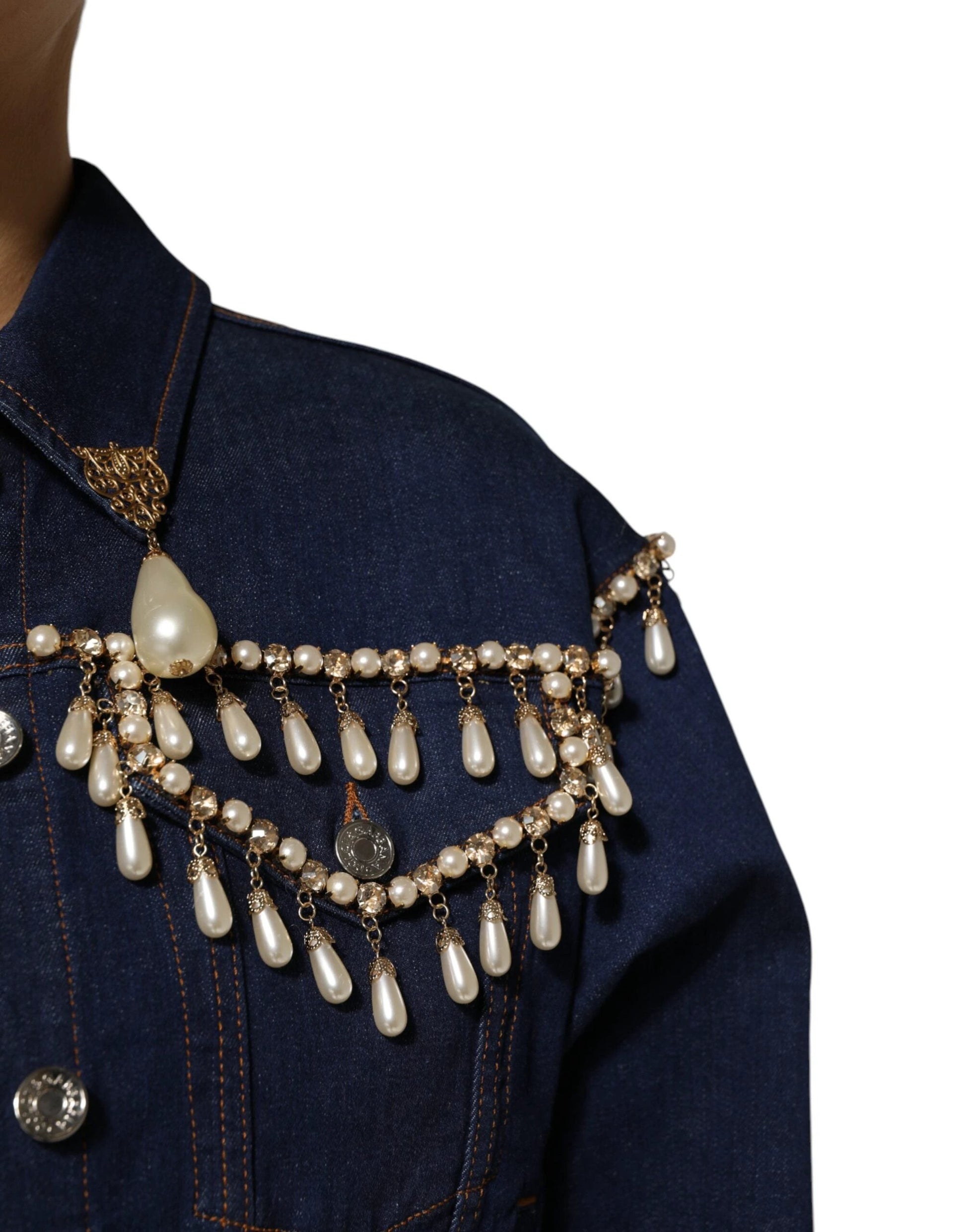 Dolce & Gabbana Blue Cotton Denim Crystal Embellished Jacket by Dolce & Gabbana