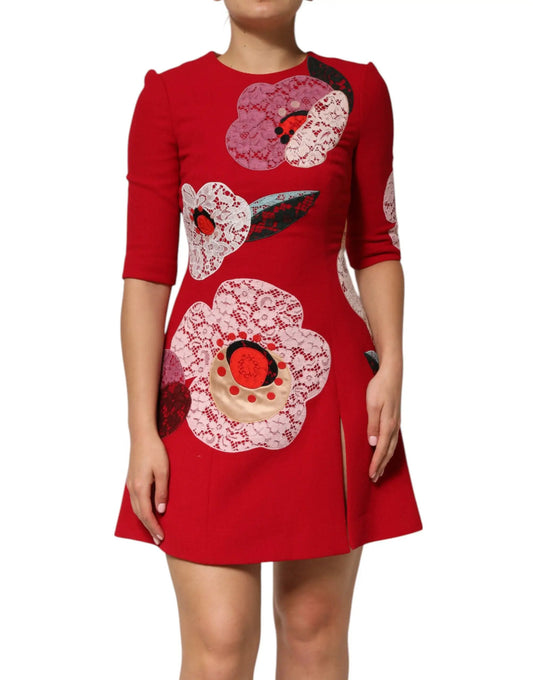 Dolce & Gabbana Red Lace Floral Applique A-line Mini Dress by Dolce & Gabbana