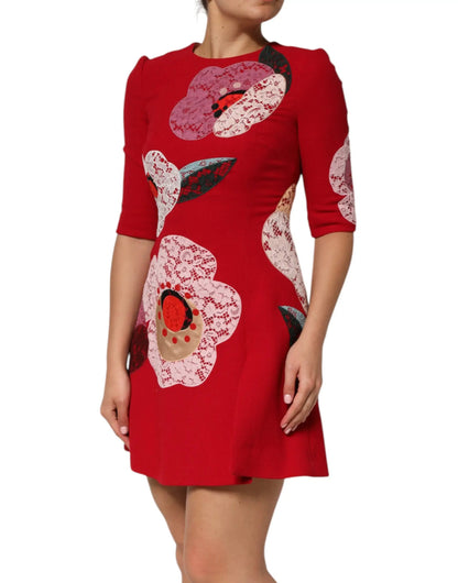 Dolce & Gabbana Red Lace Floral Applique A-line Mini Dress by Dolce & Gabbana