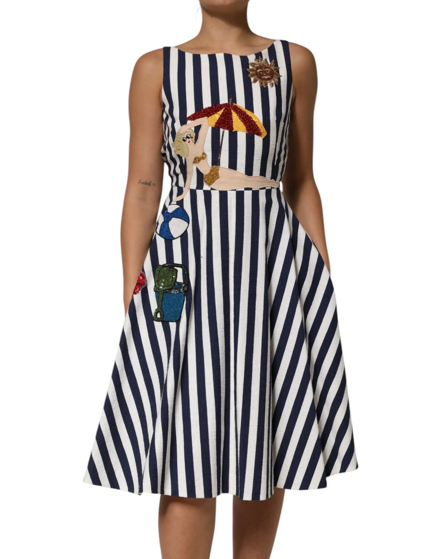 Dolce & Gabbana Blue White Striped Embroidered A-line Dress by Dolce & Gabbana