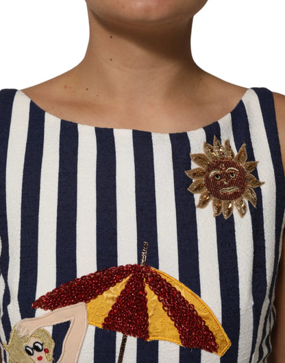 Dolce & Gabbana Blue White Striped Embroidered A-line Dress by Dolce & Gabbana