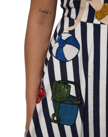 Dolce & Gabbana Blue White Striped Embroidered A-line Dress by Dolce & Gabbana