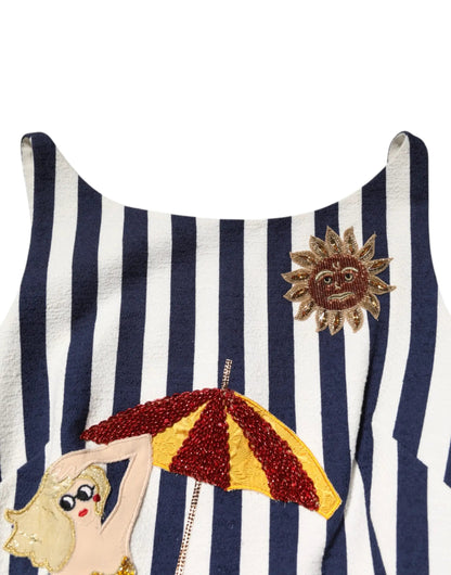 Dolce & Gabbana Blue White Striped Embroidered A-line Dress by Dolce & Gabbana