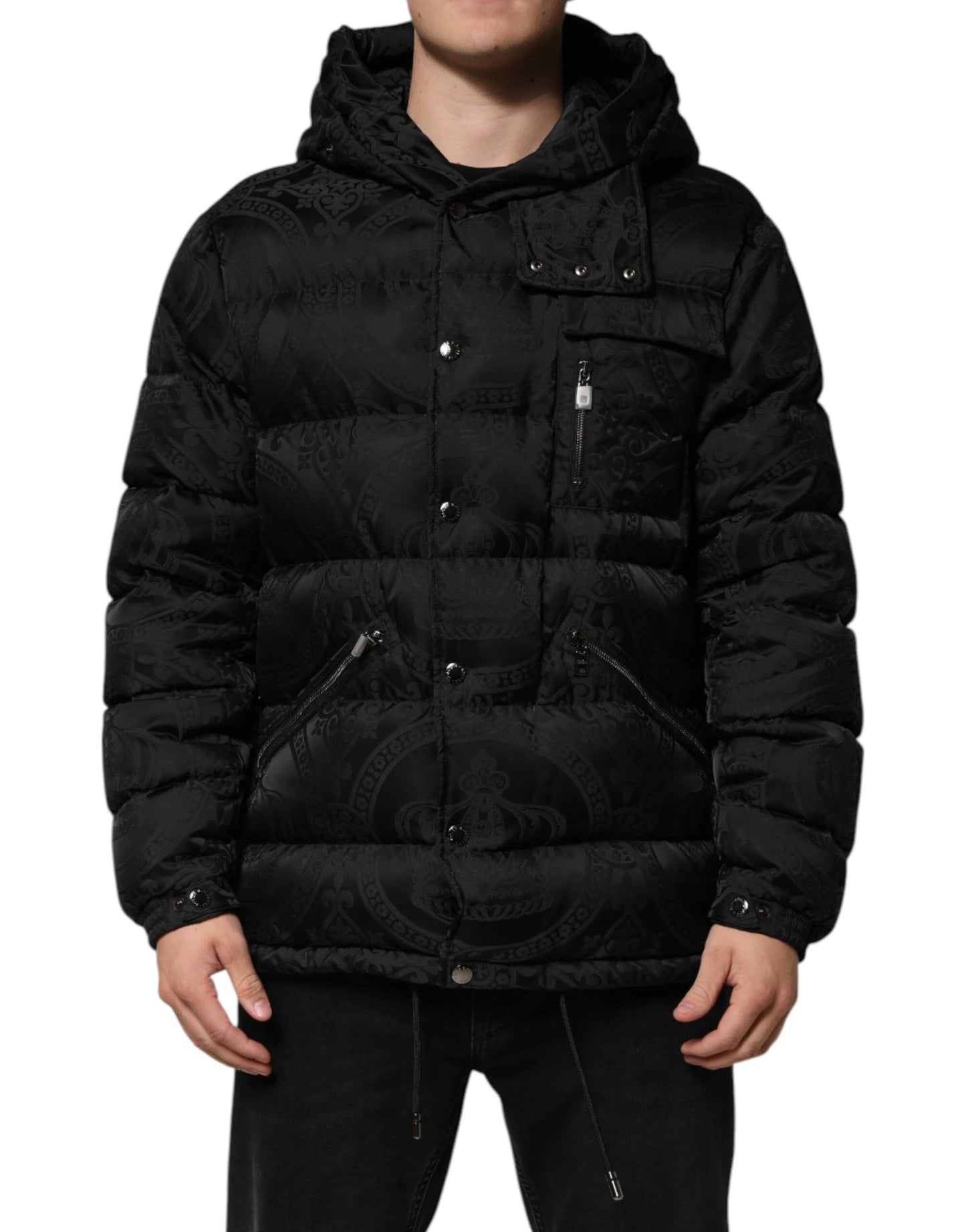 Dolce & Gabbana Black Jacquard Quilted Puffer Hooded Jacket by Dolce & Gabbana
