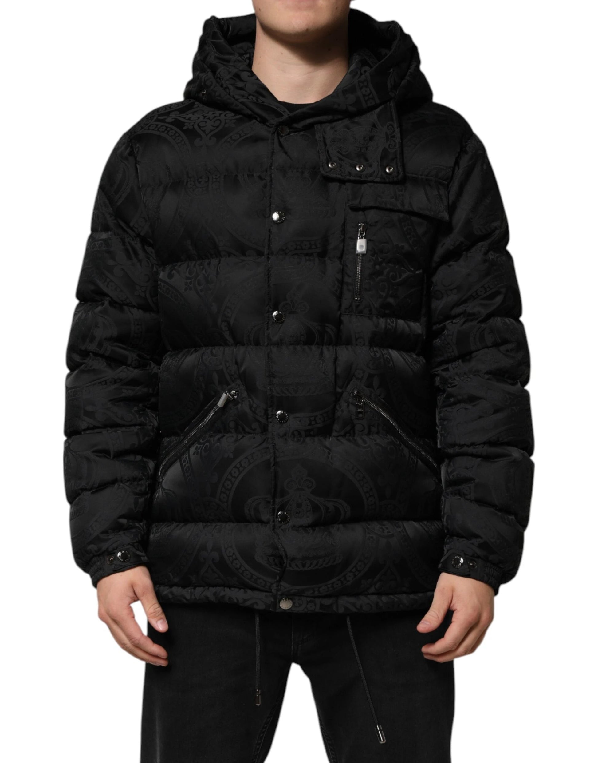 Dolce & Gabbana Black Jacquard Quilted Puffer Hooded Jacket by Dolce & Gabbana