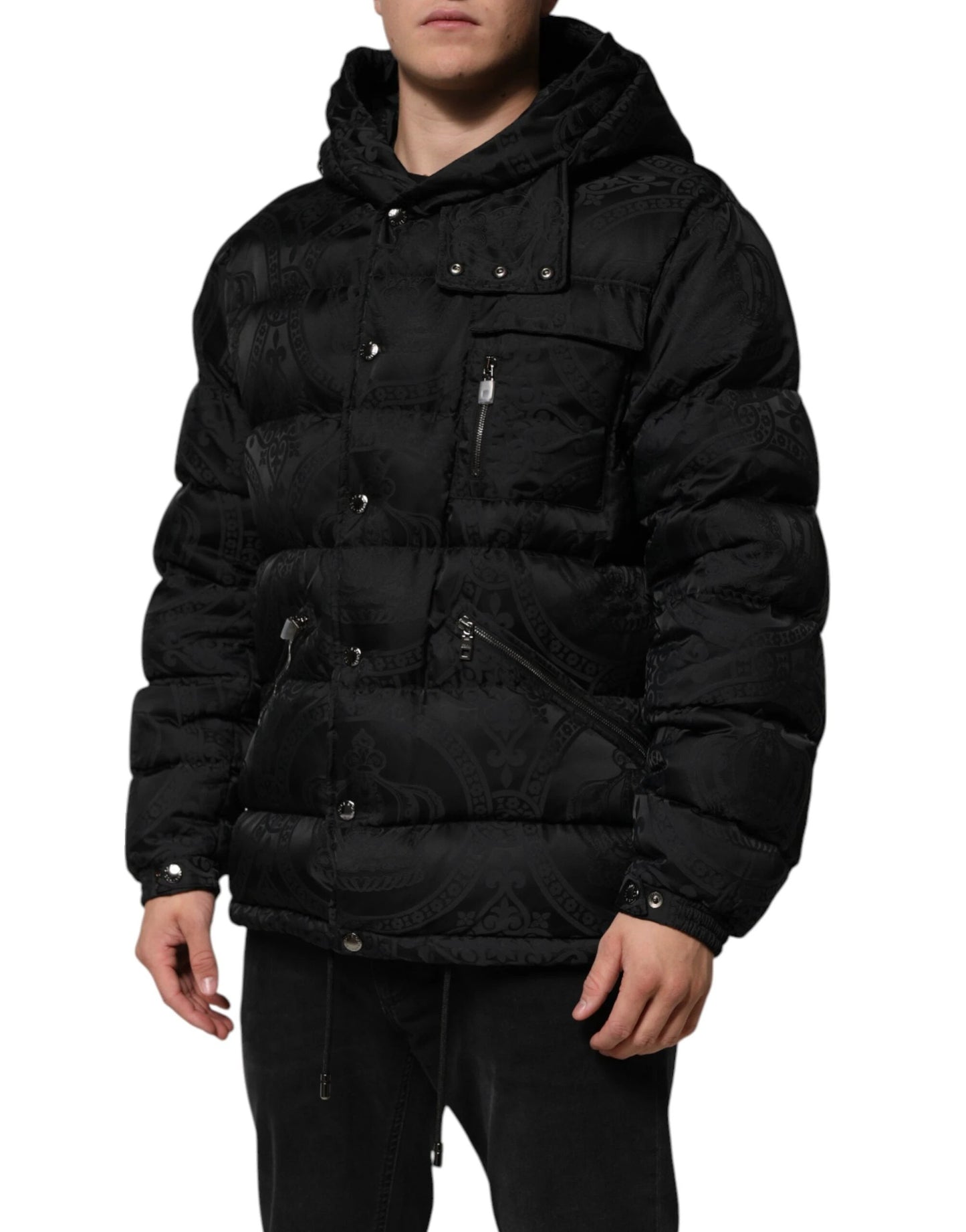 Dolce & Gabbana Black Jacquard Quilted Puffer Hooded Jacket by Dolce & Gabbana