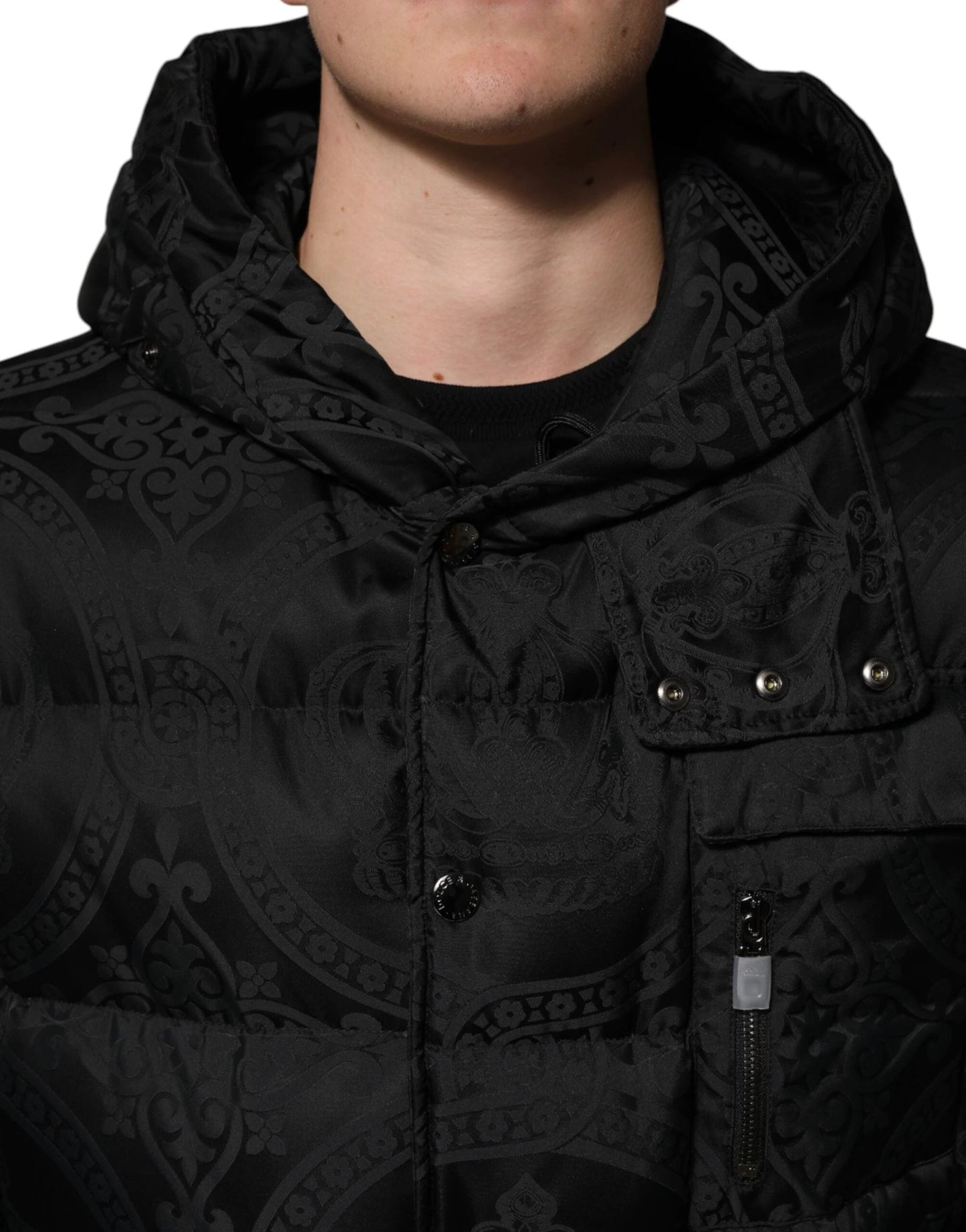 Dolce & Gabbana Black Jacquard Quilted Puffer Hooded Jacket by Dolce & Gabbana