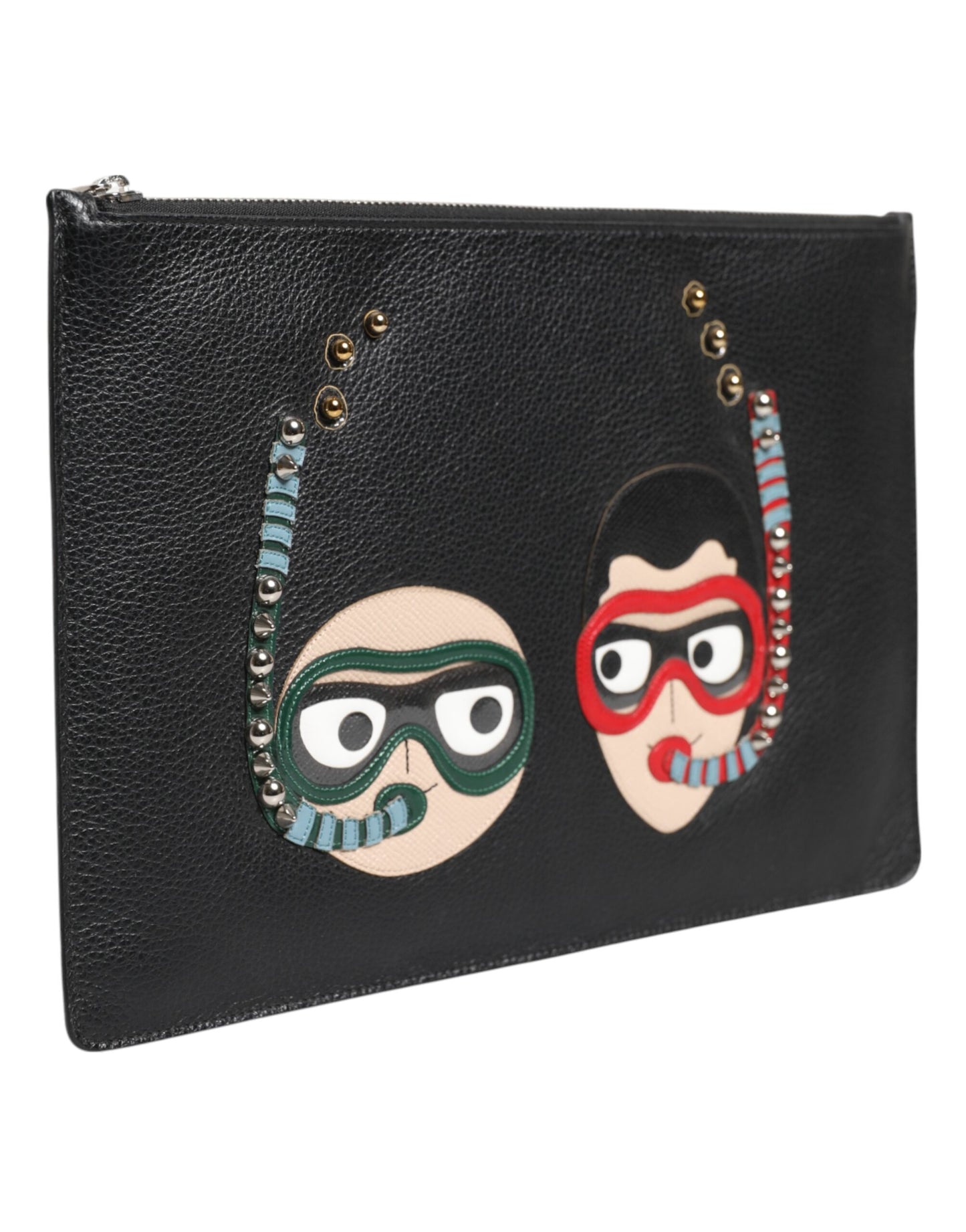 Dolce & Gabbana Black Leather #DGFAMILY Embellished Men Clutch Pouch Bag