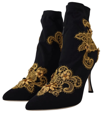 Dolce & Gabbana Black Gold Embroidery Crystal Boots Shoes by Dolce & Gabbana