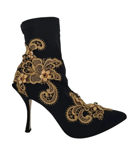 Dolce & Gabbana Black Gold Embroidery Crystal Boots Shoes by Dolce & Gabbana