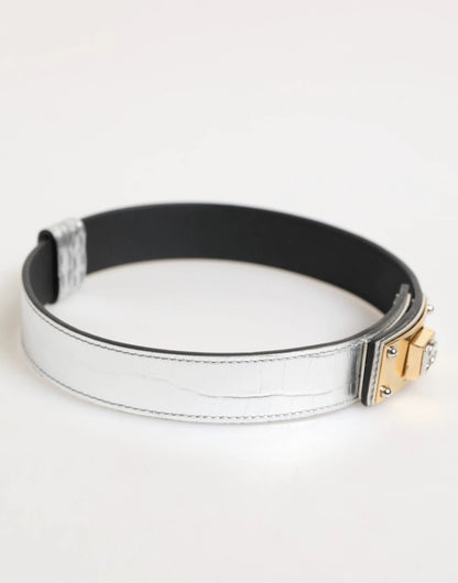 Dolce & Gabbana Silver Textured Leather Gold Tone Metal Neckband