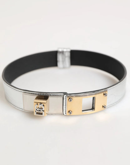 Dolce & Gabbana Silver Textured Leather Gold Tone Metal Neckband