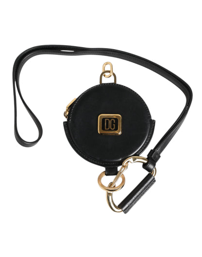 Porte-monnaie rond Dolce & Gabbana en cuir de veau noir avec cordon – SMY11036