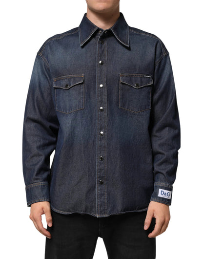 Dolce & Gabbana Blue Denim Button Casual Logo Patch Men Shirt by Dolce & Gabbana