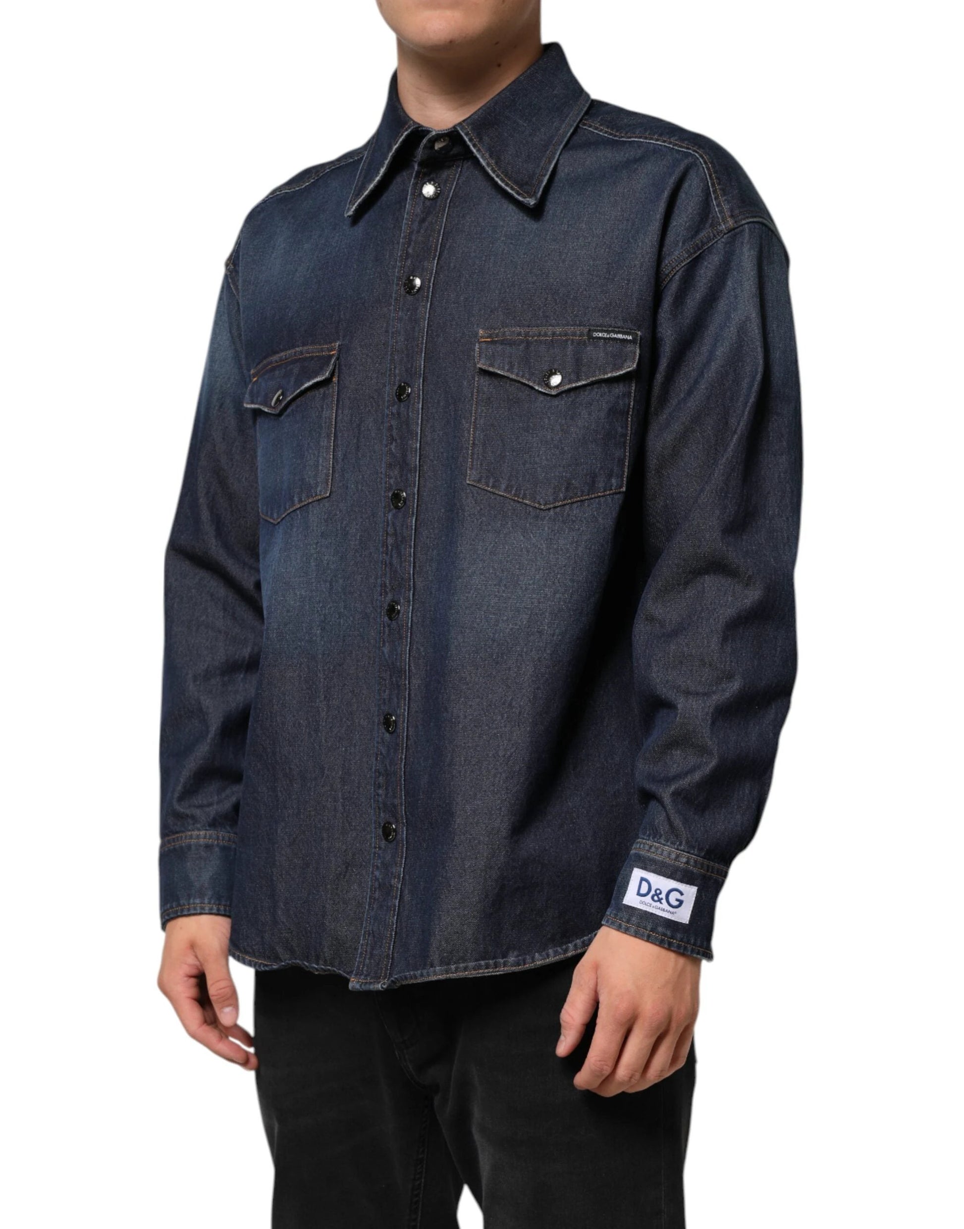Dolce & Gabbana Blue Denim Button Casual Logo Patch Men Shirt by Dolce & Gabbana