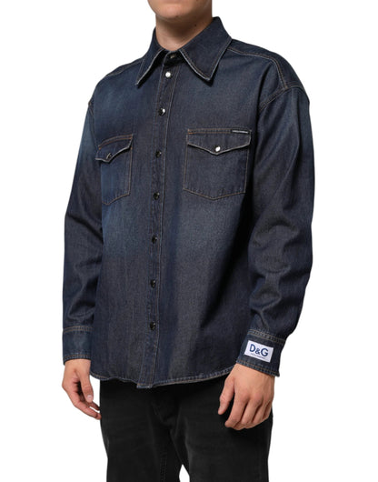 Dolce & Gabbana Blue Denim Button Casual Logo Patch Men Shirt by Dolce & Gabbana